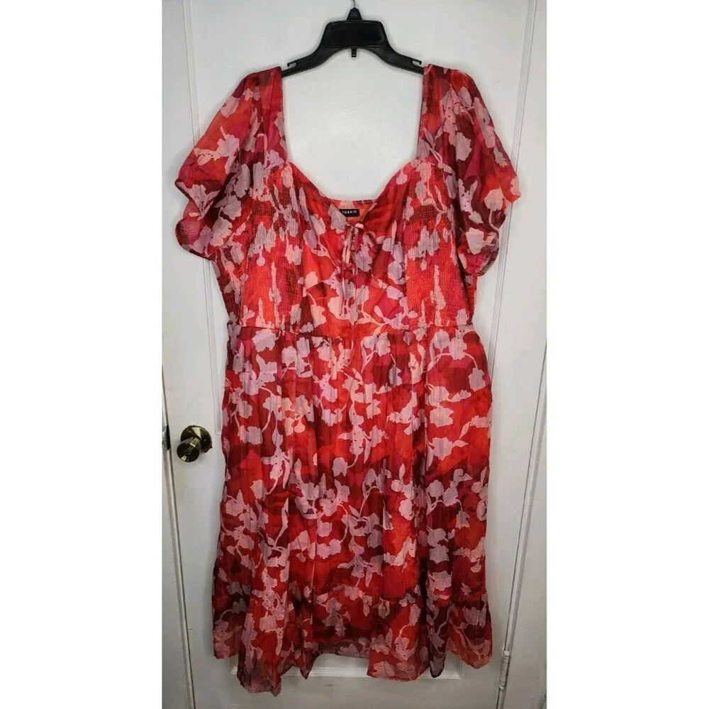 TORRID Floral Midi Dress Size 3X Smocked Lace Up Clip Dot Ruffled Empire Waist - Picture 1 of 6